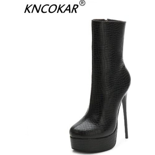 KNCOKAR 15 Cm Side Zipper Leg Large Size High Heel Women Short Boots Round Head Waterproof Platform Super Thin High Heel