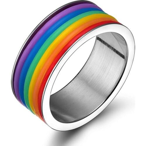 EAMIOR Stainless Steel Rings Lesbian Bisexual Lgbt Gay Pride Homosexual Same Sex Rainbow Ring Jewelry for Men & Women 9mm Wide