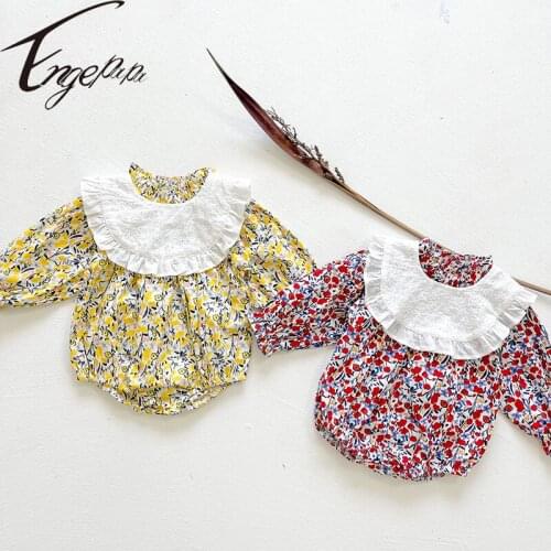 Engepapa Toddler Baby Girl Sweet Princess Romper Bubble-Long Sleeves Jumpsuit Floral Autumn Toddler Baby Girl Clothes With Bib