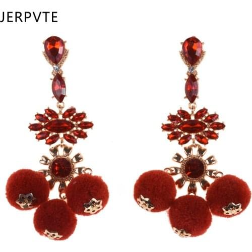 JERPVTE Fashion Plush Ball Drop Earrings For Women Boho Golden Crystal Long Big Flower Dangling Drop Earrings Wedding Jewelry