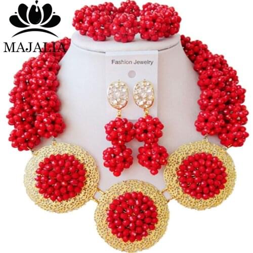 Trendy Nigeria Wedding red african beads jewelry set crystal necklace bracelet earrings Free shipping Majalia-126
