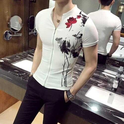 Mens Slim Fit Short Sleeve Front Zipper Night Clubwear T-Shirts Chinese Vintage Black White