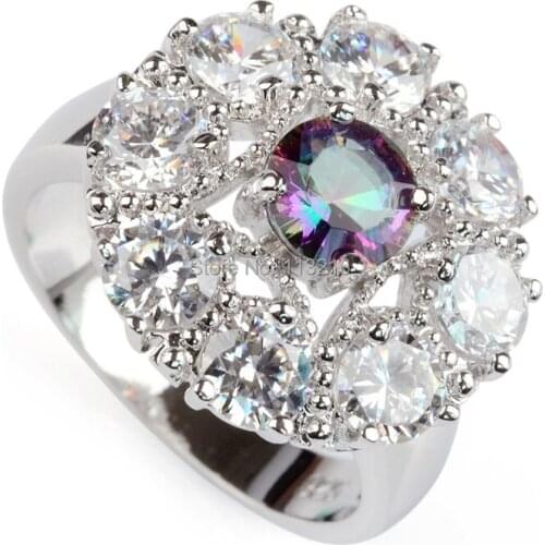 Fleure Esme wedding rings set Romantic Style Women Jewelry Gift white and Rainbow Cubic Zirconia Rhodium Plated R753 size 6 7 8