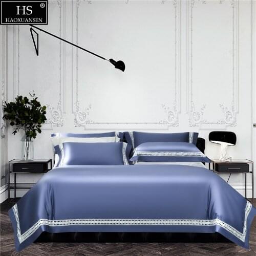 Sky Blue Fabric Water soluble lace Design Pure Cotton Fabric 4 Pieces Bedding Sets Nordic Style Duvet Cover Pillowcase Bed Sheet