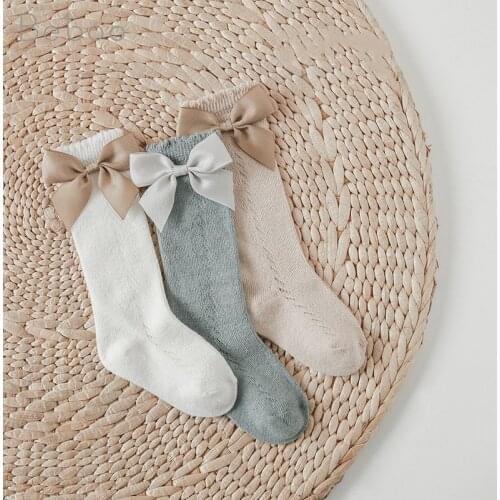 Spring And Summer New Children Socks Baby Girls Princess Style Pure Cotton Soild Color Long Tube Socks Hollow Mesh Bow kids Sock