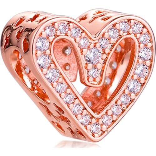 QANDOCCI 2020 Valentines Fits Pandora Bracelet 925 Sterling Silver Rose Sparkling Freehand Heart Charms Beads for Jewelry Making