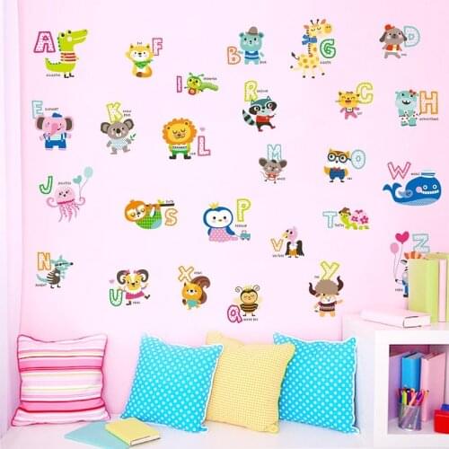 Cute Safari English Alphabet Wall Stickers For Kids Room Home Decoration Cartoon Animals Pvc Mural Art Diy Nursery Wall Decals
