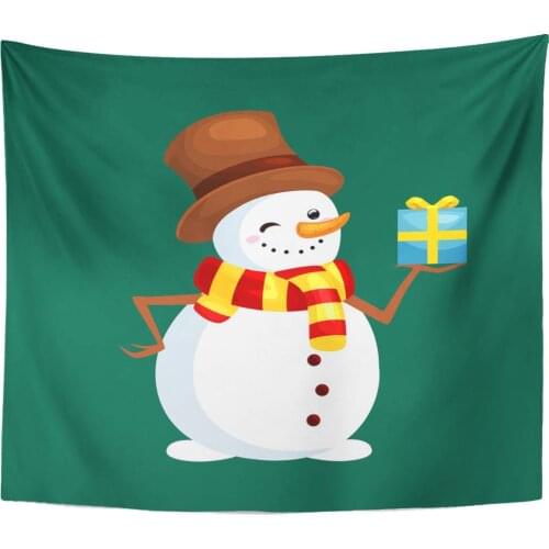 Blue Fun Christmas White Snowman in Hat and Scarf with Winter Xmas for Celebration New Year Red Snow Tapestry Home Decor