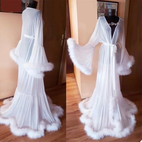 One Piece Women Sleepwear Bathrobe Custom Made Chiffon wIth Fur Sweep Train Bath Robe Long Sleeves