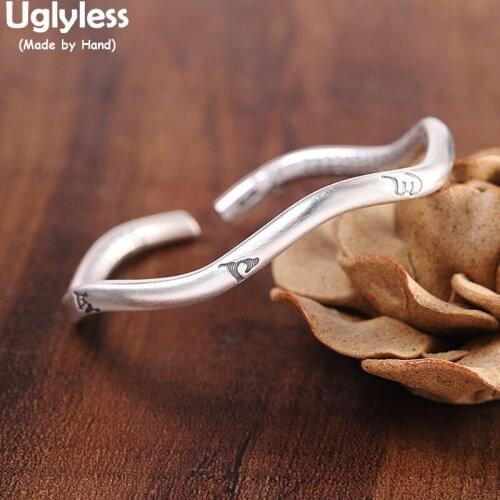 Uglyless Solid 999 Pure Silver Curved Wave Bangles for Women Buddhism 6-word Mantra Open Bangles Inside Carved Heart Sutra Jewel