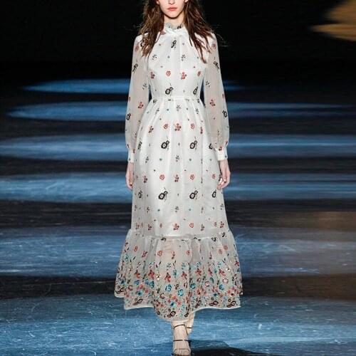 Heavy Industry Embroidered Women Long Dress Stand Collar Lantern Long Sleeve Elegant Fashion Party Holiday Female Clothing 2020