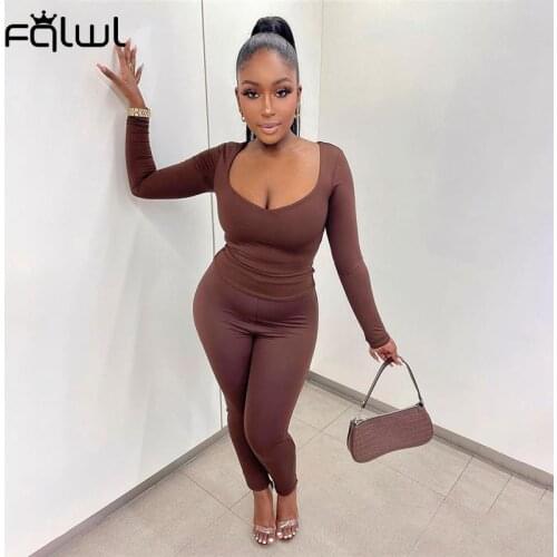 FQLWL Streetwear 2 Two Piece Set Tracksuit Women Outfit Fall 2021 Long Sleeve V Neck Tops Skinny Pants Suits Brown Matching Sets
