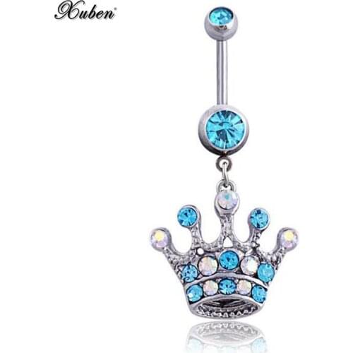 Blue Crystal Crown pearl navel ring belly button piercing retro body piercing jewelry