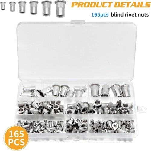 165Pcs Blind Rivet M3 M4 M5 M6 M8 M10 Rivnut Stainless Steel Carbon Steel Flat Head Threaded Insert Nut Kit