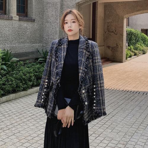 2021 New Autumn Winter Women Plaid Beading Tweed Jackets Office Ladies Tassels Trims Vintage Outerwear