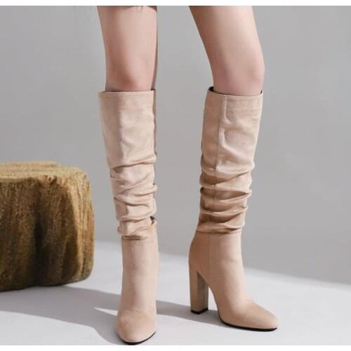 New Ladies Knee High Boots Fashion Pleated Slip On Comfortable Long Boots Faux Suede Square High Heel Simple Womens Shoes