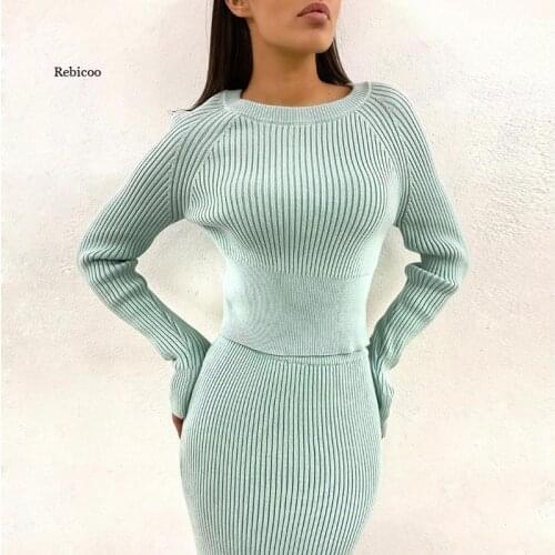 Womens Slim Irregular Solid Color Knitted Top Skirt Two-Piece Sweater Fashion Casual Suit