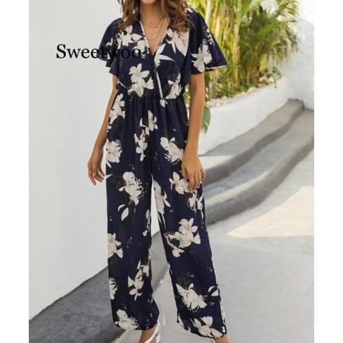 Female Casual Loose Sleeveless Rompers High Waist Long Jumpsuit Womens Floral Print Loose Wide Leg Pants