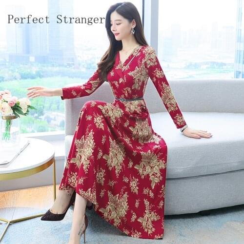 2021 Autumn Winter New Arrival High Quality Retro V Collar Flower Print Long Sleeve Collect Waist Women Long Dress With Belt