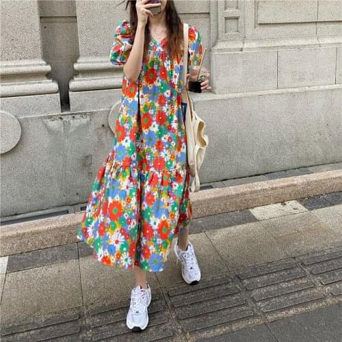 2021 Fashion Summer Dress Women Puff Sleeve Korean Casual Print Floral Vacation Dresses Harajuku Vestidos De Fiesta New WPY2658