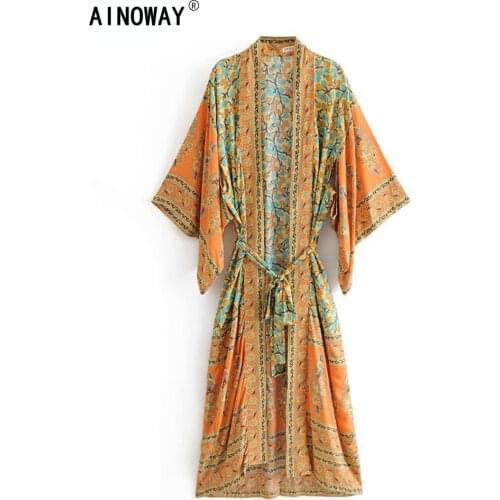 Vintage chic Women yellow Floral Print Sashes bohemian Kimono Ladies V Neck batwing Sleeves Boho Maxi dress robe