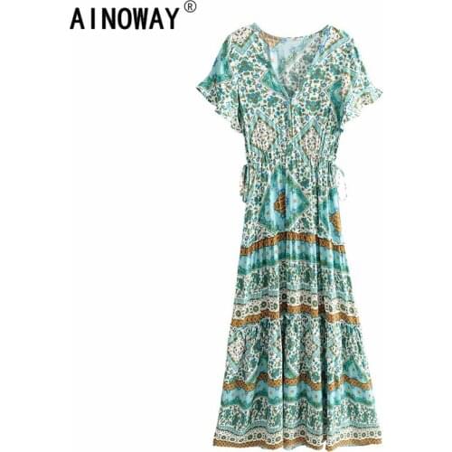 Vintage chic women green Floral print beach Bohemian rayon maxi dresses Ladies V neck botton Boho pleated dress vestidos