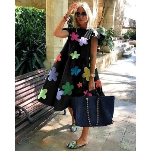 Women Vintage Floral Print Loose Dress 2020 Summer Casual O-neck Petal Sleeve Dress Party Plus Size 2XL Female Vestidos