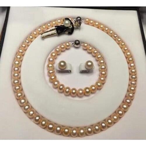 Free shipping 8-9mm AAA Pink Lavender Freshwater Pearl Necklace Bracelet Earrring brooch Sets free Collocation