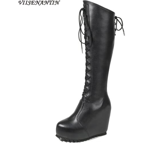 Front and Rear Cross Straps Wedge Heel Martin Boots Thin Knee-length Zipper Boots Autumn and Winter High-top Knight Boots