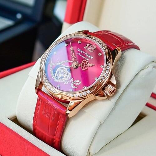 Reef Tiger/RT Top Brand Luxury Rose Gold Flower Diamond Women Watches Fashion Leather Strap Automatic Mechanical Watches