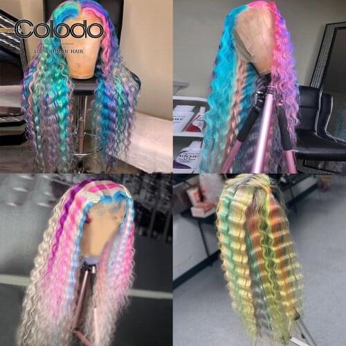 COLODO Rainbow Color Deep Wave Wig Pre Plucked 13x4 Lace Front Human Hair Wigs Glueless Transparent Lace Wigs with Baby Hair