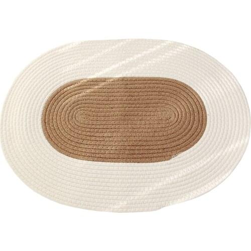 Household Hand-woven Doormat, Cotton and Linen Color Block Anti-Slip Oval Shape Entrance Area Carpet