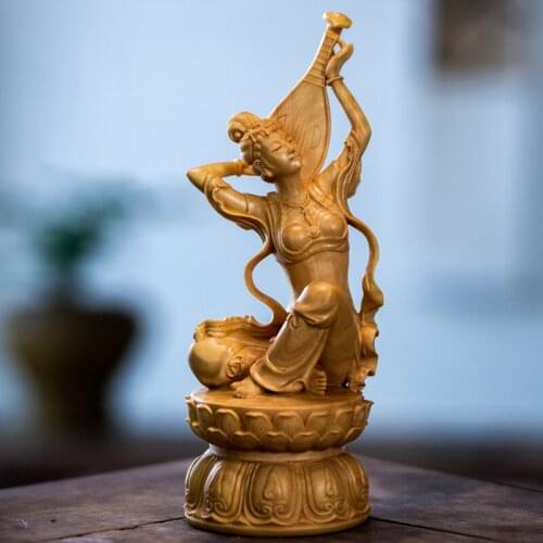 17cm Dunhuang Pipa Lady wood Carving Solid Wood Sculpture Feng shui Home Crafts Beauty Decoration