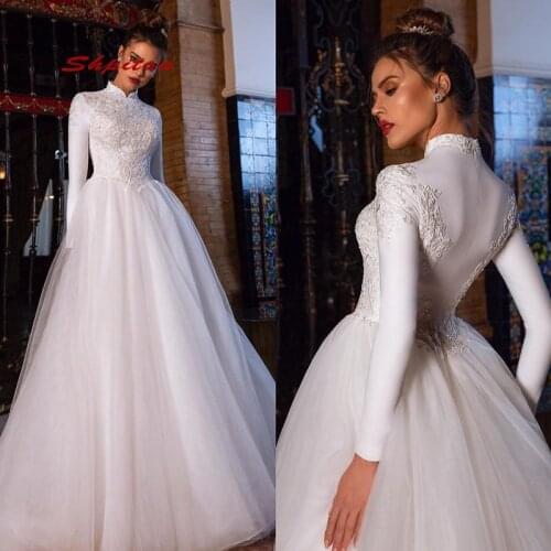 Elegant Long Sleeve Lace Muslim Wedding Dresses Turkey Plus Size White Ivory Dubai Arabic Bride Bridal Dresses Wedding Gowns