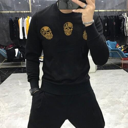 European Design Winter Skull Hot Drill Mens Hoodie Fitness Sweatshirt Casual Long-Sleeved o-Neck Top Xl