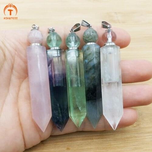 Natural Hexagon Prism Perfume Bottle Rose quartzs Fluorite Amethysts Point Diffuser Pen Vial Charm For Women Necklace Jewelry