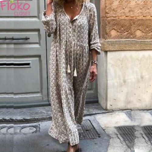Flokocloset V-Neck Print Lace Up Long Sleeve Maxi Dress Autumn Spring Women Casual Loose Party Maxi Dress Mujer