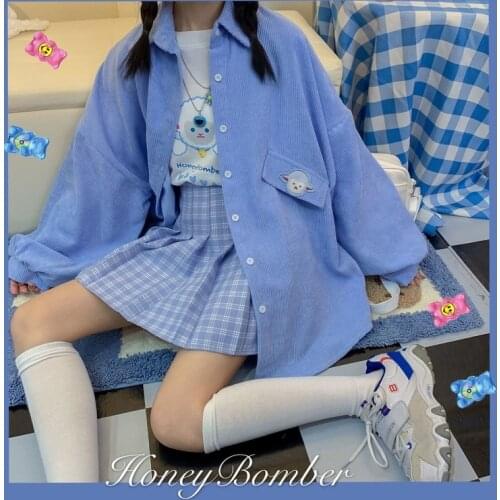 HOUZHOU Kawaii Corduroy Shirt Women Japanese Streetwear Spring Autumn Overzize Soft Girl Lantern Sleeves Cute Student Blouse