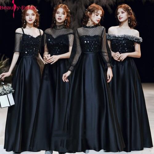 Beauty Emily 2020 Sexy Boat Neck Bridesmaid Dresses Shine Satin Long Black A-Line Sleeveless Wedding Party Prom Girl Dresses