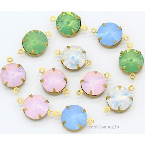 8-14mm Round Rivoli Opal Crystal rhinestone Framed glass Pendant Connector Necklace Earrings Findings jewelry making 2Loop beads