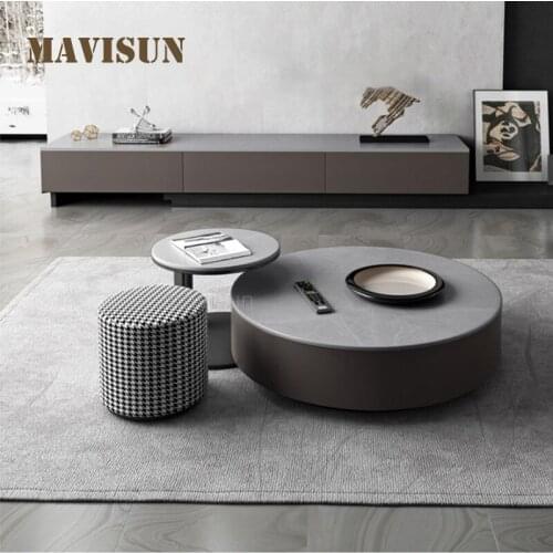 Italian Style Rock Slab Round Coffee Table Extendable TV Cabinet Combination Small Side Table With Wooden Drawers Family Used