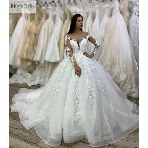 White Tulle Lace Appliques Long Sleeves V-Neck Floor-Length Ball Gown Wedding Dress Chapel Train Custom Made