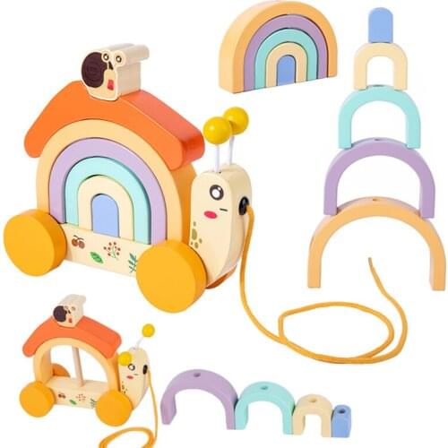 Montessori Rainbow Jenga Building Block Car Toy Toddler Drag Snail Car Stacking Game Parent-Child Interactive Educational Toys