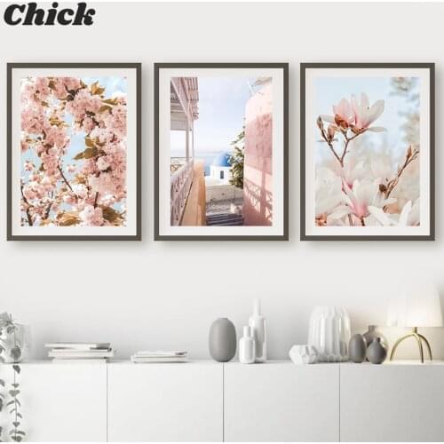 Pink Cherry Blossoms Magnolia Ocean Bulb Wall Art Canvas Painting Nordic Posters And Prints Wall Pictures For Living Room Decor