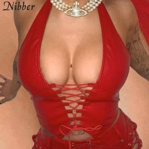 Nibber Sexy Punk PU Leather Crop Top For Womens Summer Y2K Street Wear Bandage Tank Top Backless Club Camisole 2021 Vest Female