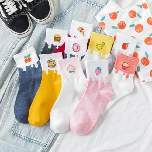 2021 Korean Cute Style Socks Cartoon Fruit Socks 1 Pair Cotton Casual Pink White Yellow Color Socks Girls Socks EU 35-43