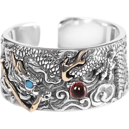 BOCAI 2021 New Real S999 Silver Jewelry Distressed Green Dragon open Ring Fashion Retro Man Ring