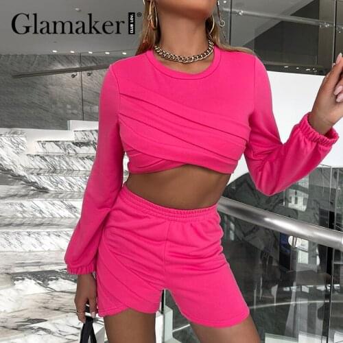 Glamaker High street casual rose red shorts suits Cross fashion cropped sweatershirt and shorts Women party club elegant sets