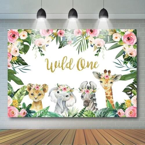 Safari Animals Wild One Backdrop Jungle Animal Floral Background Safari Birthday Baby Shower Banner -Text Can Customize