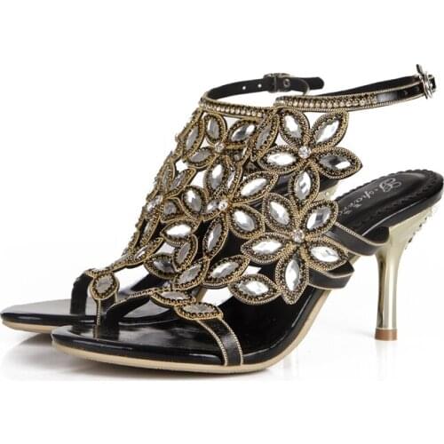 2019 Summer Large Size Black Flower Pattern Rhinestone Stiletto Sandals Wild Open Toe Boho Style High Heels Beach Party Shoes
